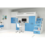 Poschodová posteľ MAX 4 s matracom + písací stôl + šatník modro-biela